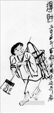 peasant life Painting - Qi Baishi a peasant with a rake old China ink